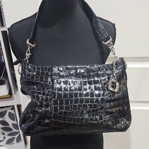 Brighton Shiny Black Croc-Embossed Shoulder Bag